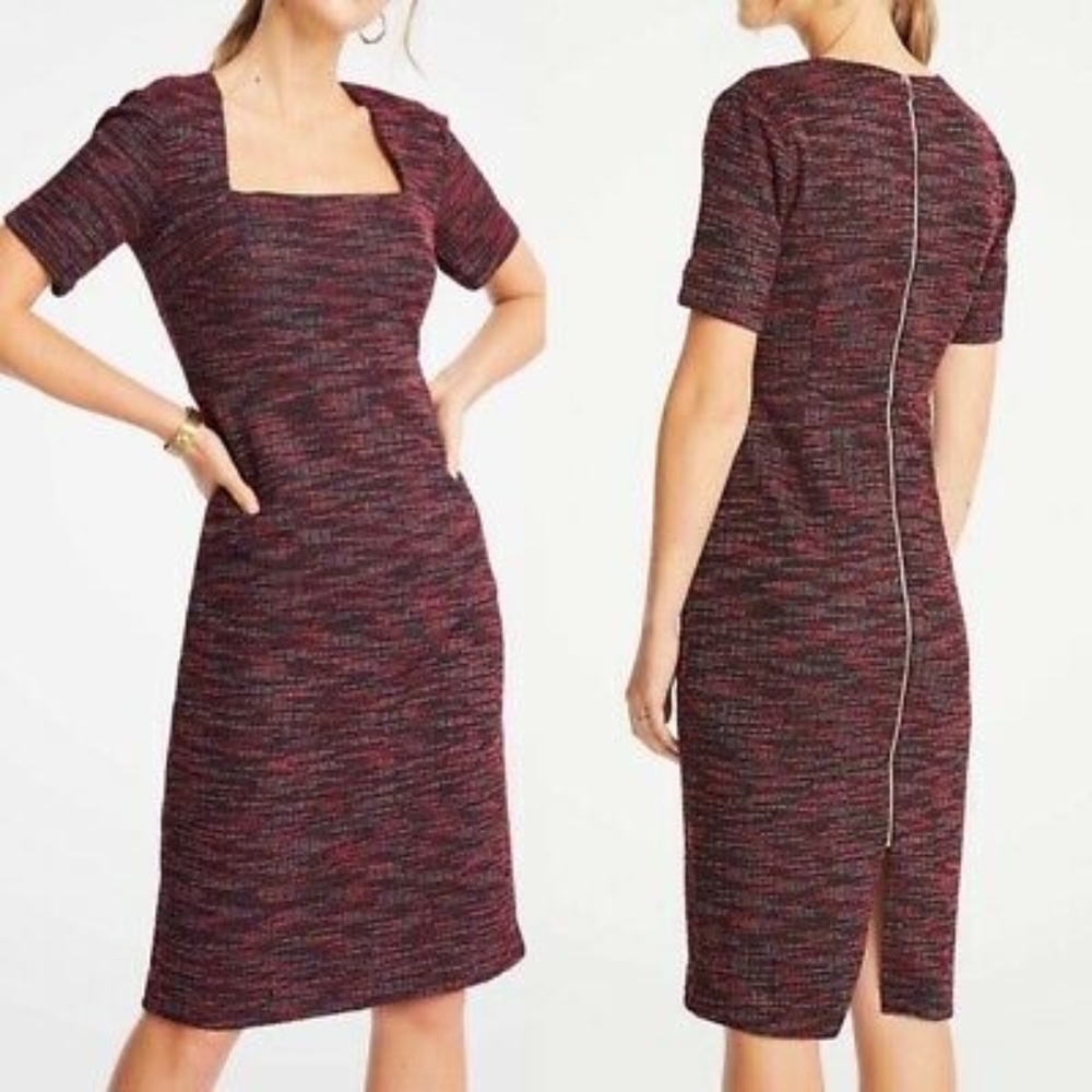 Ann Taylor Tweed Square Neck Red Sheath Dress